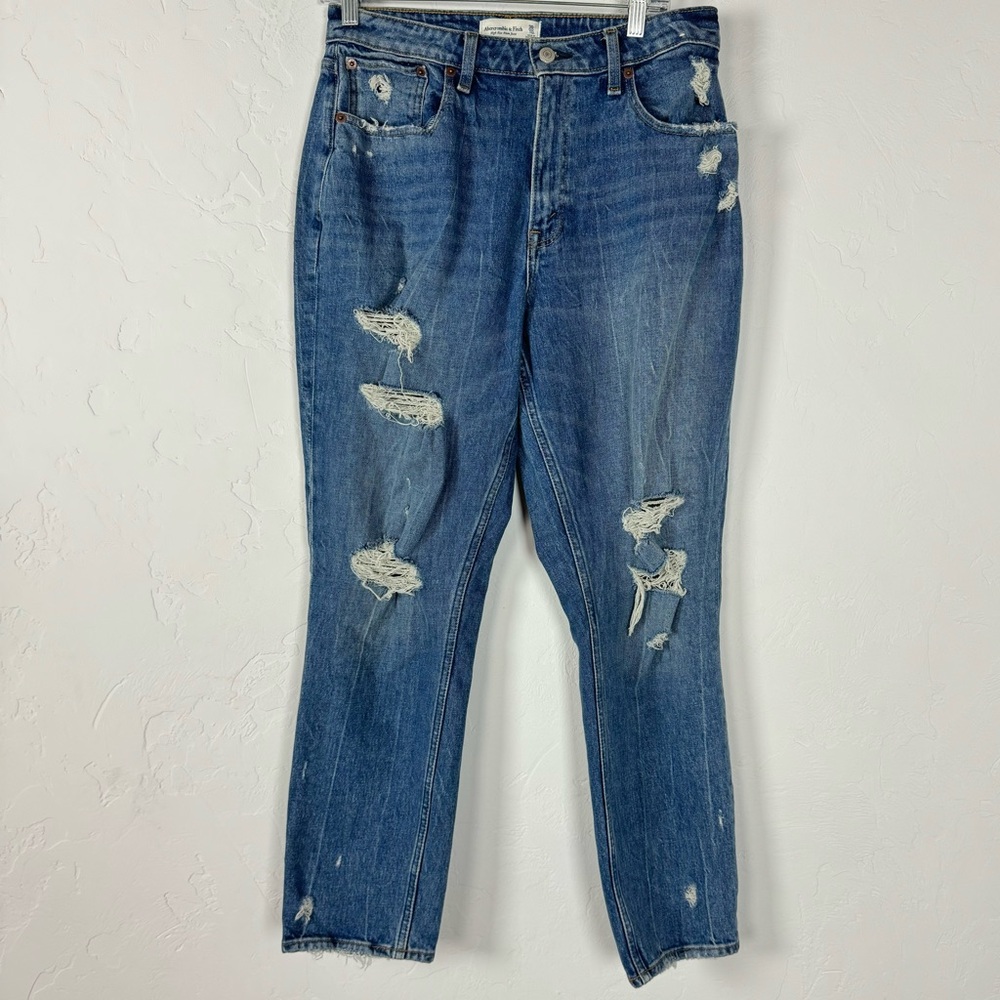 Abercrombie & Fitch Jeans Denim High Rise Mom Solid Medium Wash Blue Curve‎ Love